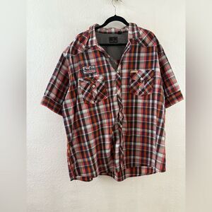 Swiss Cross Plaid Roll Up Sleeve Patch Pocket Embroidered Shirt Men's 3XL